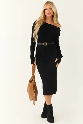 Black Boat Neck Long Sleeve Midi Sweater Dress