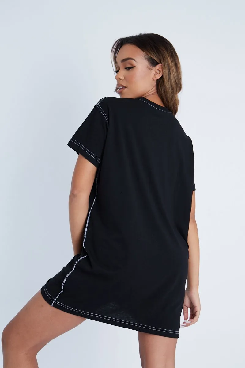 Black Contrast Stitch T-Shirt Dress - Mari