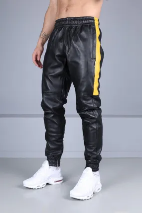 Black Leather Tracksuit Pants - Yellow Stripe