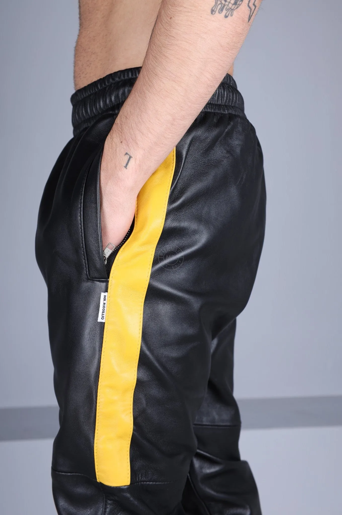 Black Leather Tracksuit Pants - Yellow Stripe