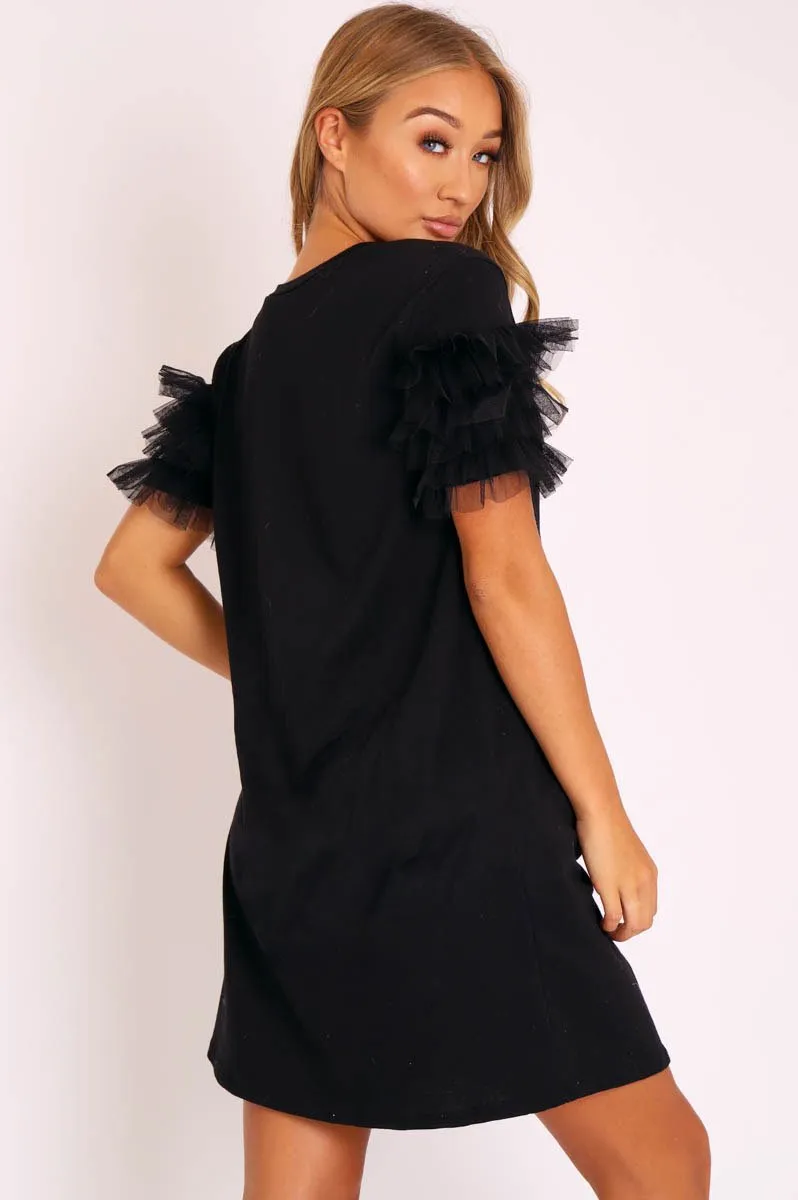 Black Mesh Ruffle Sleeve T-shirt Dress - Stefi