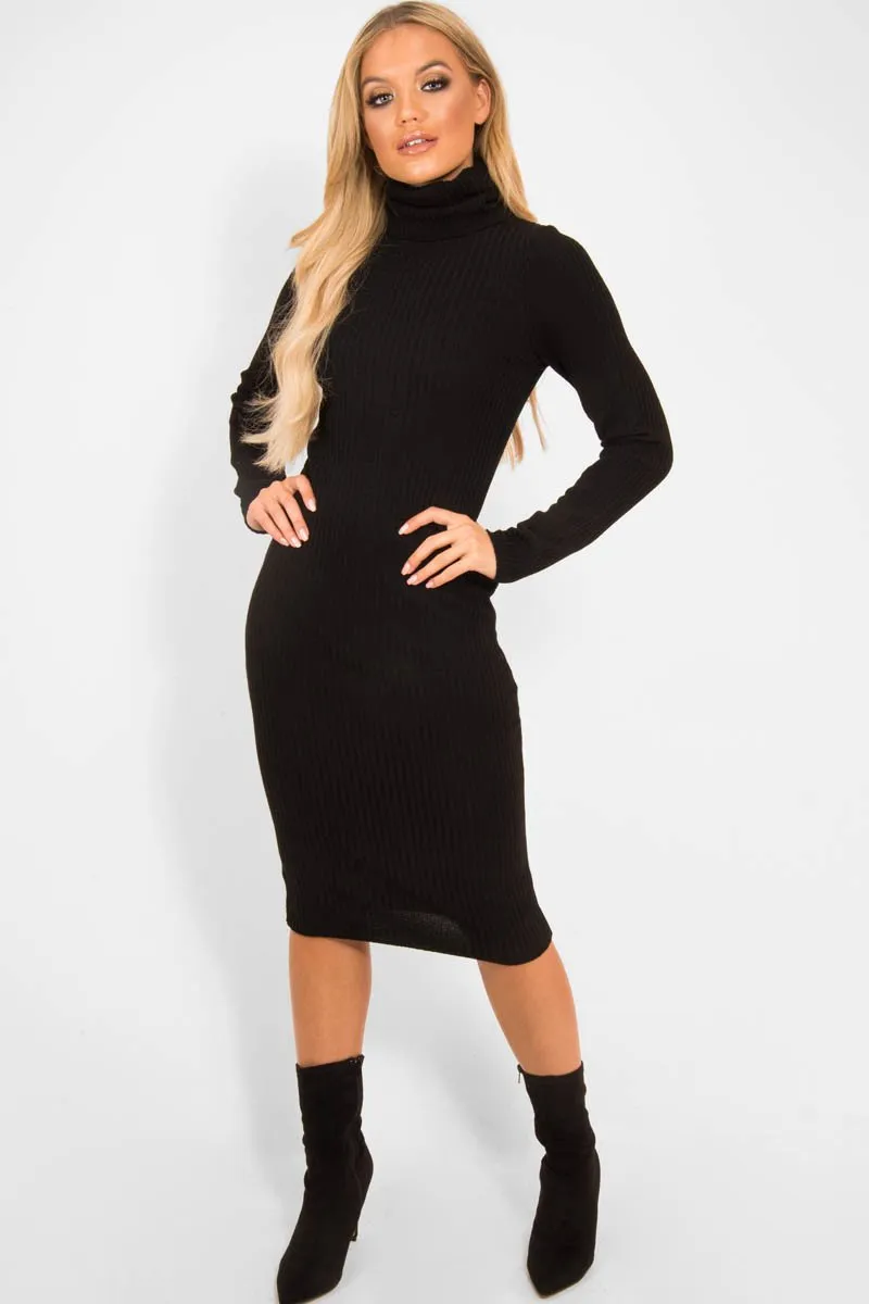 Black Roll Neck Rib Midi Jumper Dress - Giana