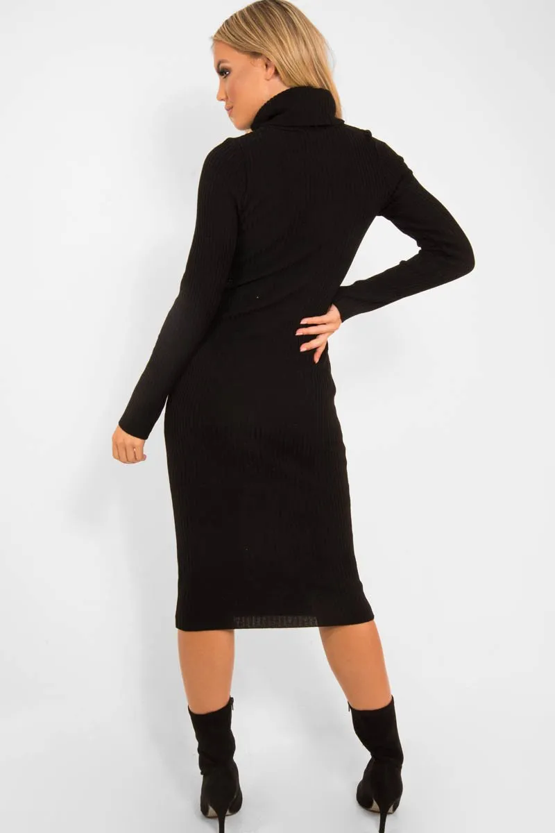 Black Roll Neck Rib Midi Jumper Dress - Giana