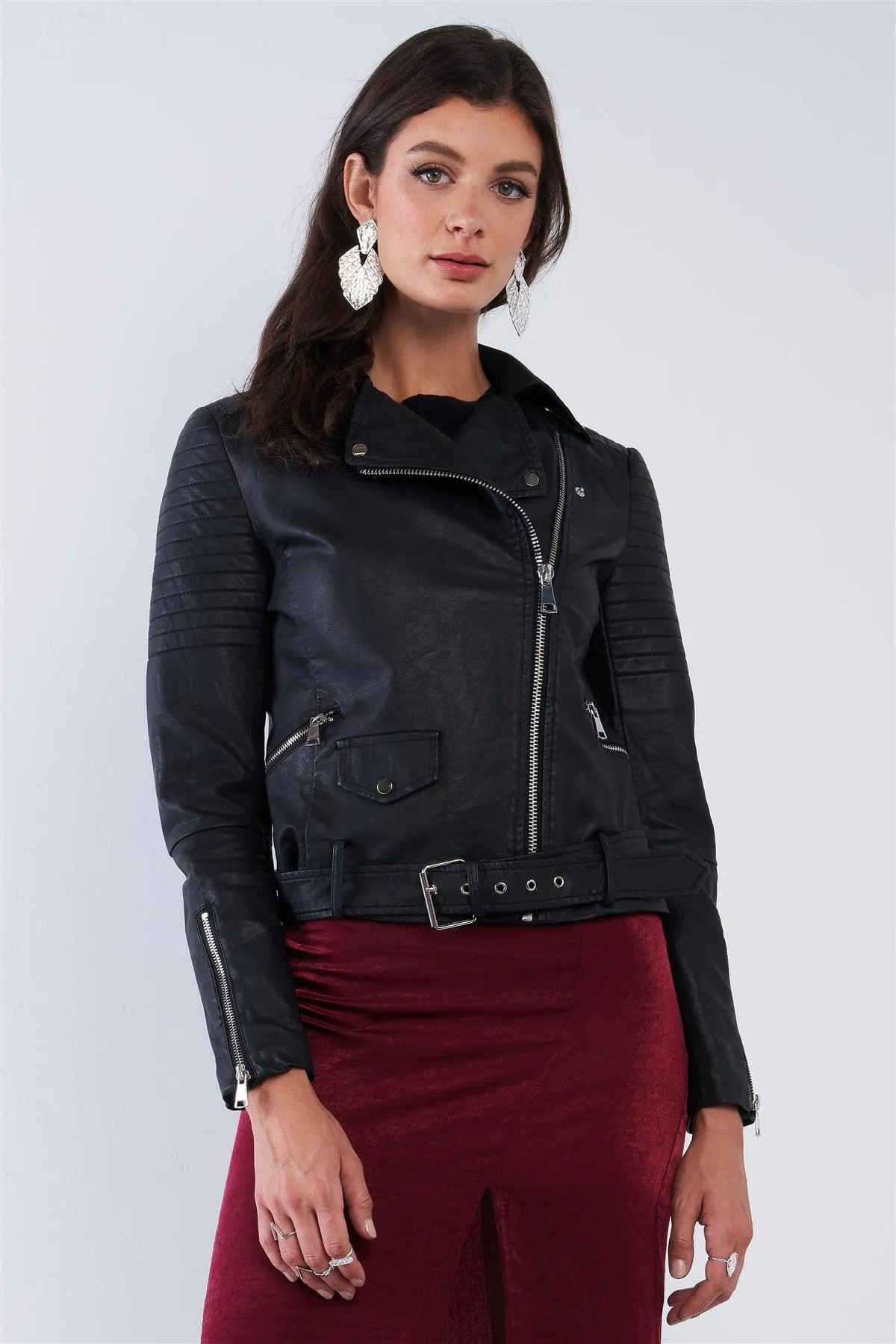 Black Vegan Leather Oblique Zipper Ribbed Shoulder Belted Cropped Moto Jacket /2-2-2