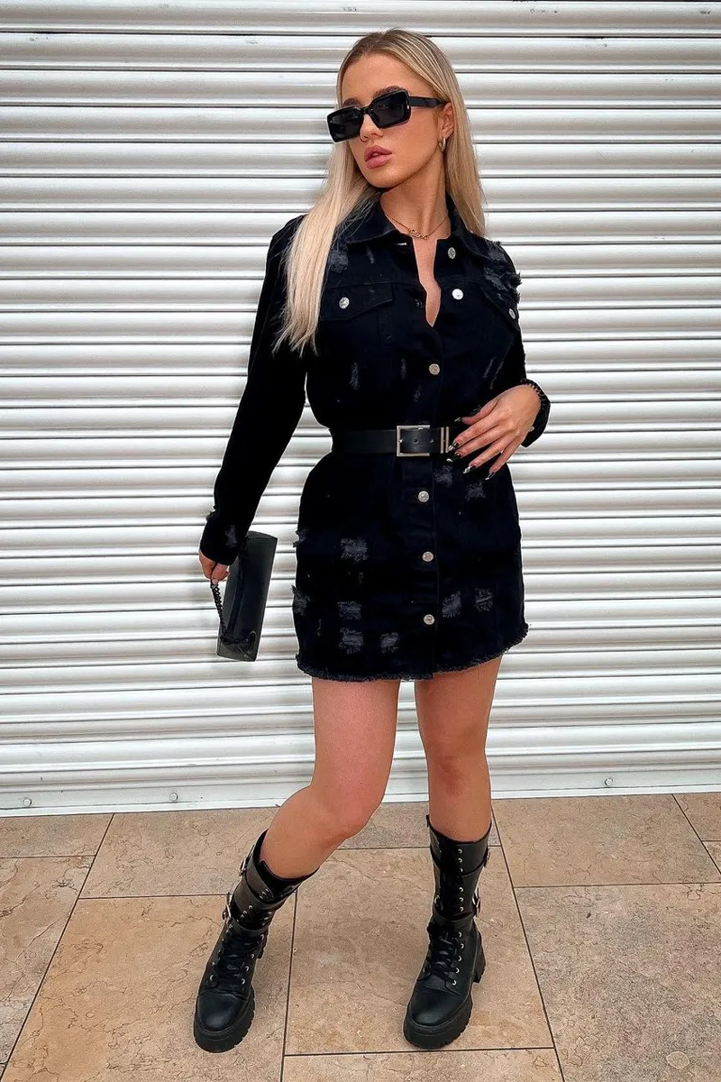 Black Washed Distressed Denim Shirt Dress - Chloey