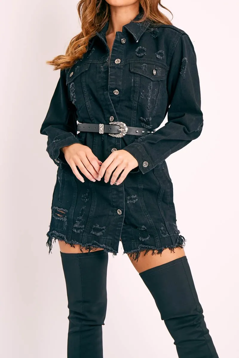 Black Washed Distressed Denim Shirt Dress - Chloey