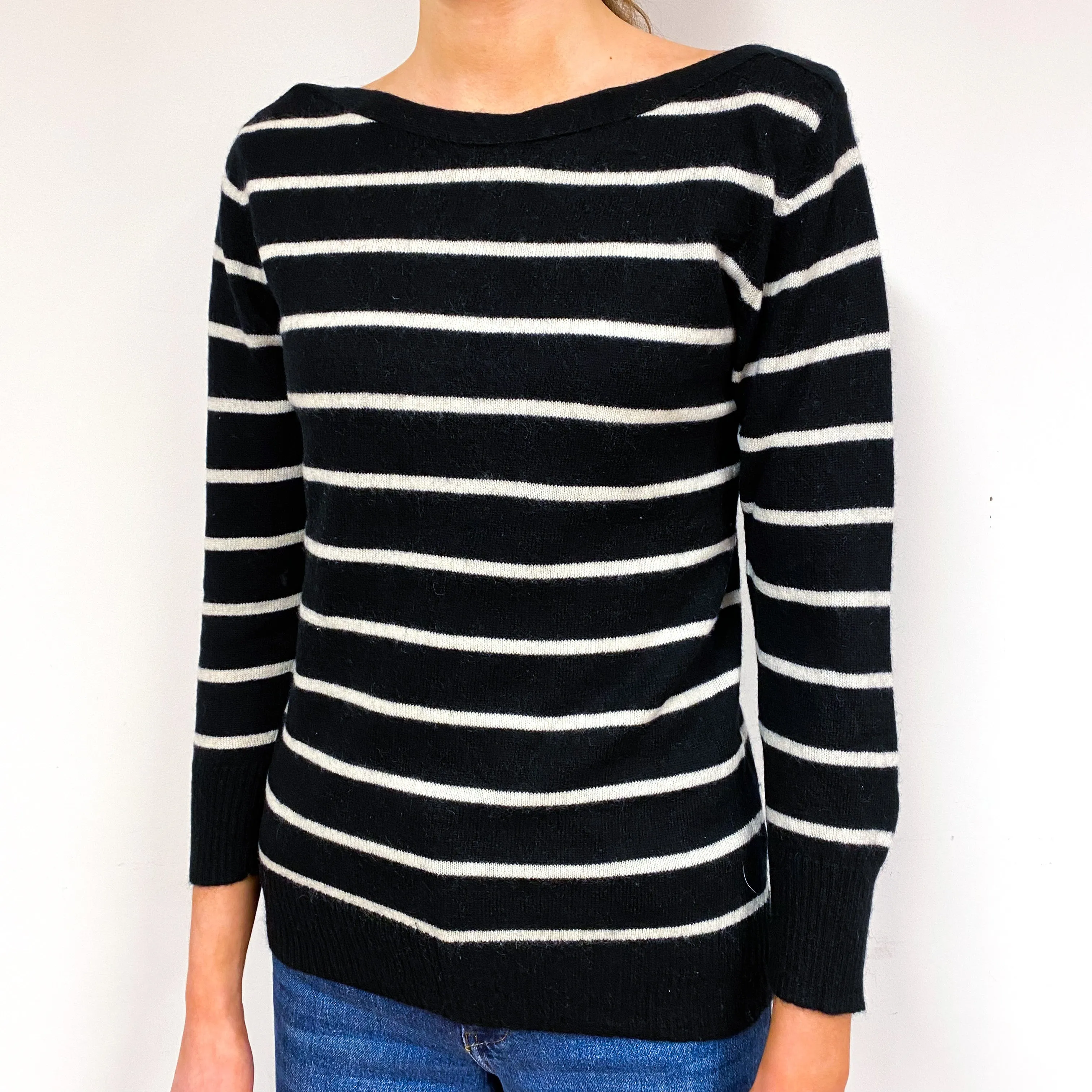 Black White Stripe Cashmere Boat Neck Jumper Extra Small