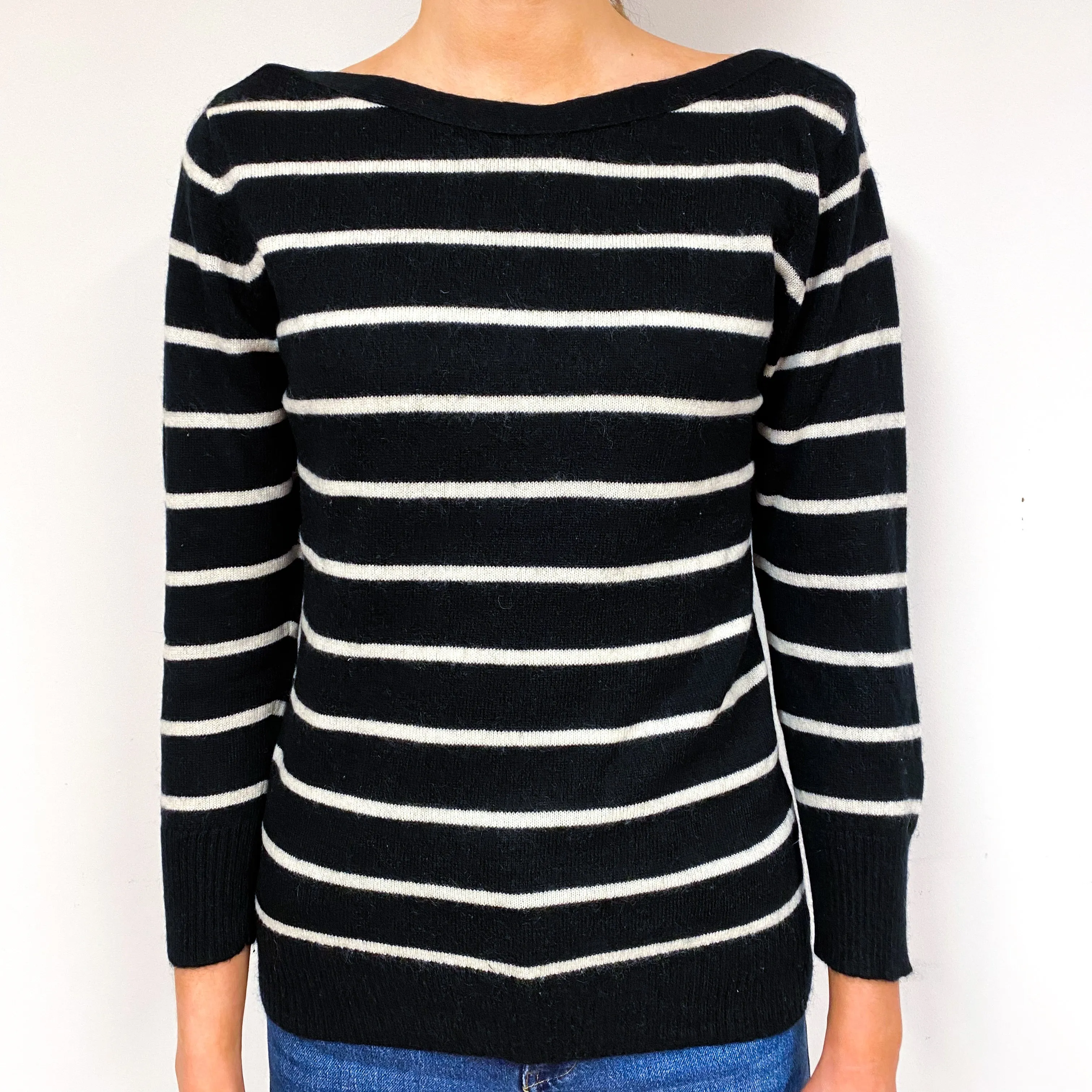 Black White Stripe Cashmere Boat Neck Jumper Extra Small