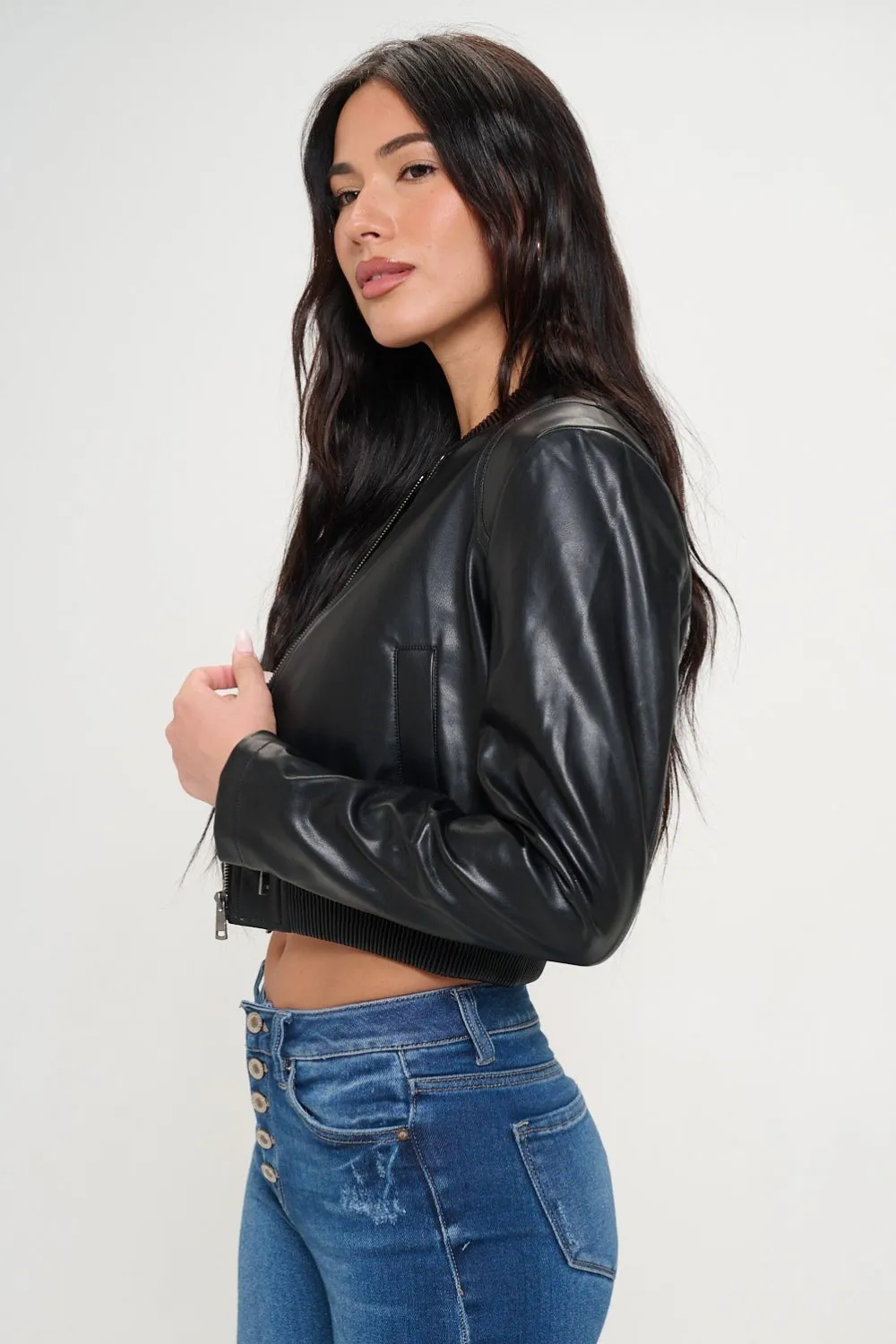 Black Women's Vegan Leather Zip Up Cropped Bomber Jacket KESLEY