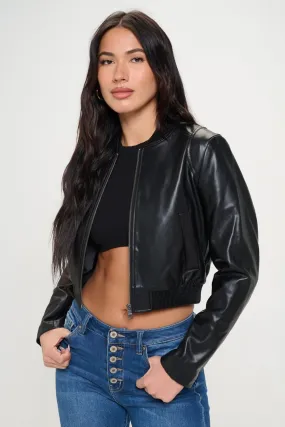 Black Women's Vegan Leather Zip Up Cropped Bomber Jacket KESLEY