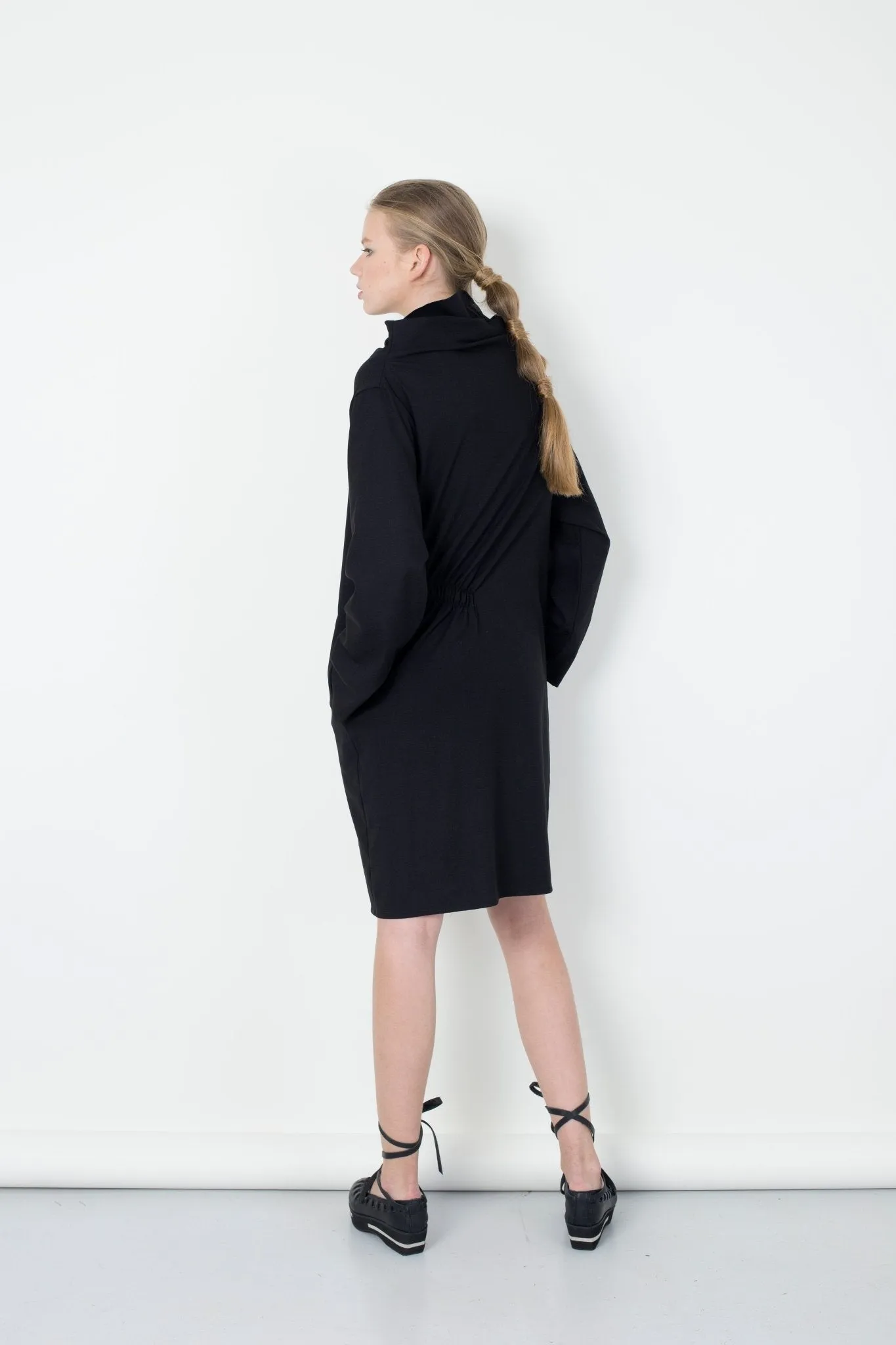 Black Wool diagonal gathering dress  