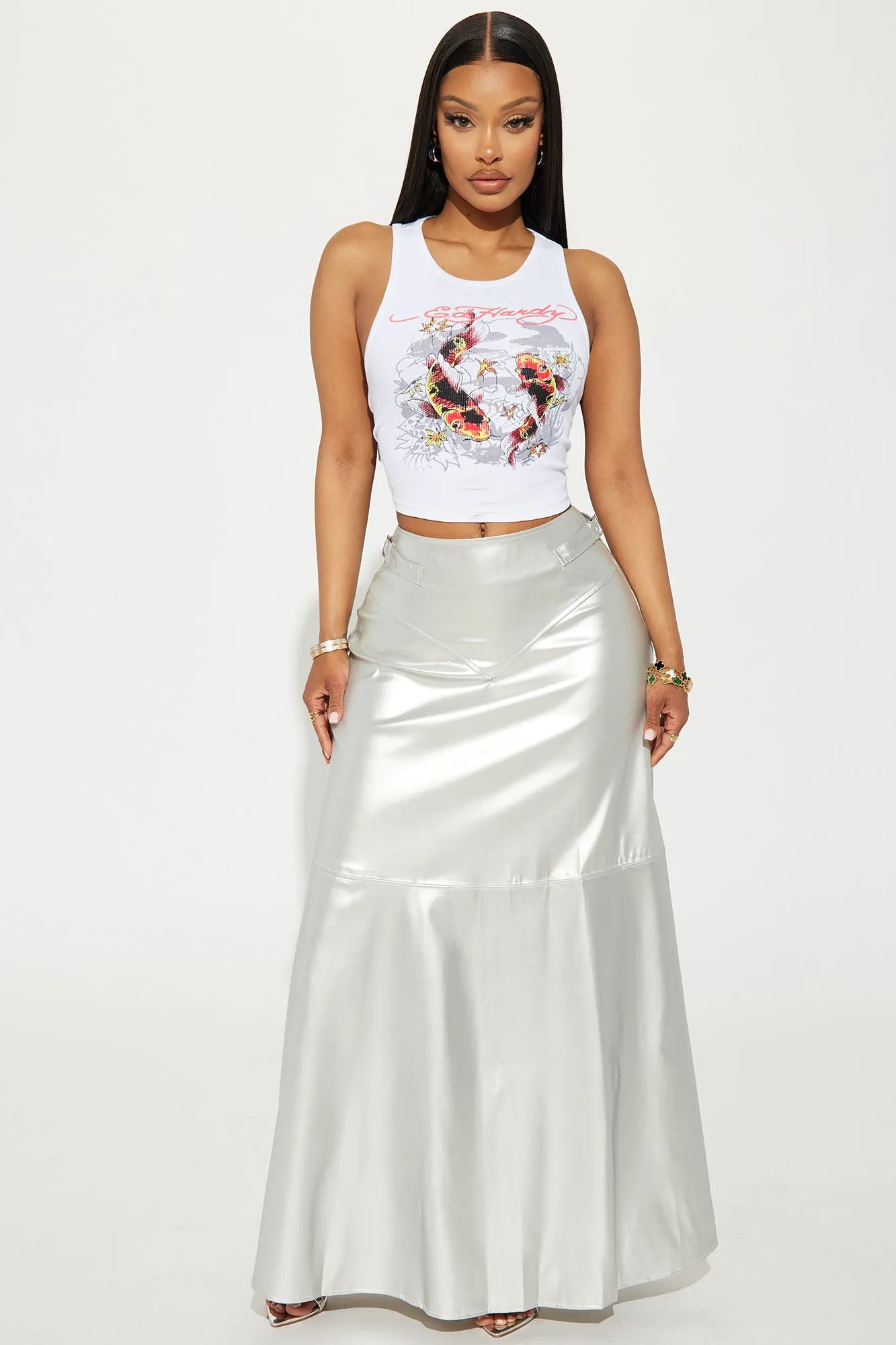 Blazing A Trail Faux Leather Maxi Skirt - Silver