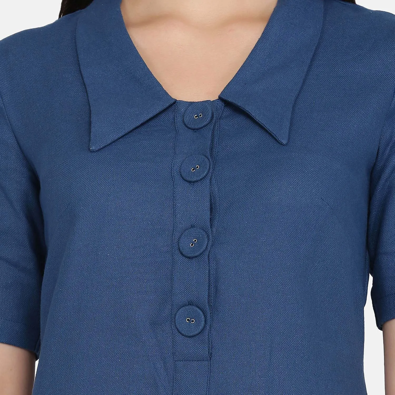 Blue Collared A Line  Women's Cotton Shirt Dress