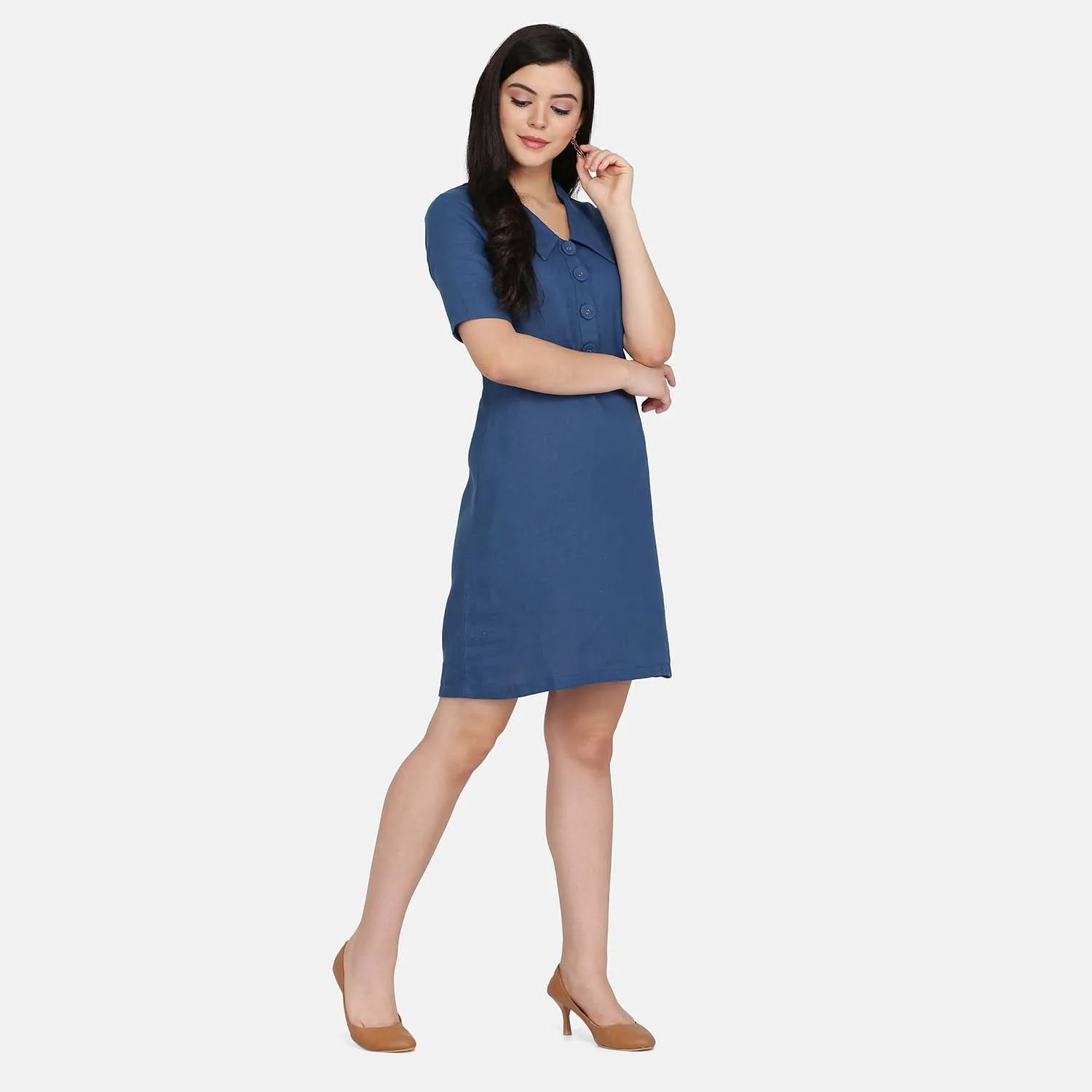 Blue Collared A Line  Women's Cotton Shirt Dress