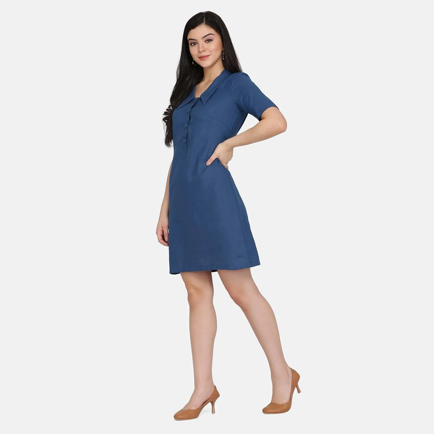 Blue Collared A Line  Women's Cotton Shirt Dress