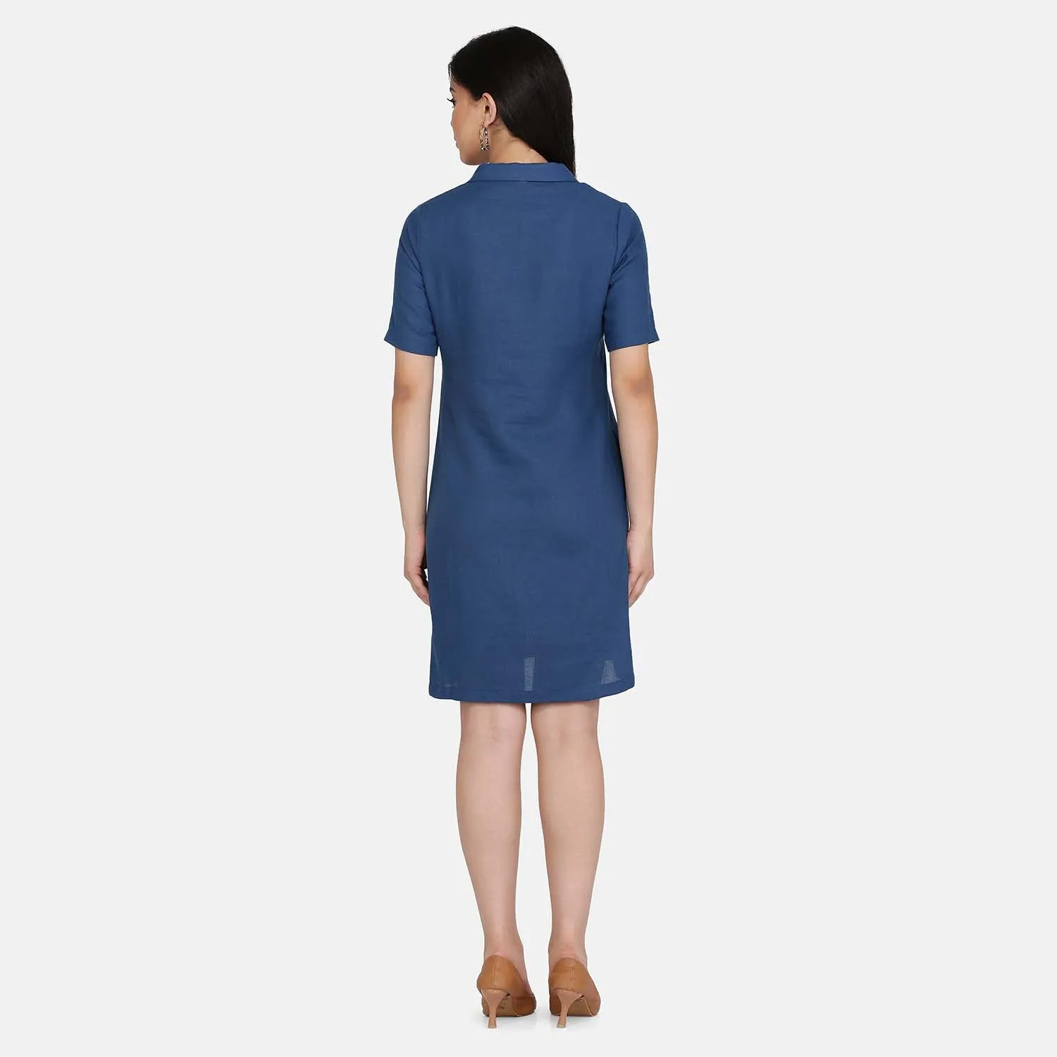 Blue Collared A Line  Women's Cotton Shirt Dress