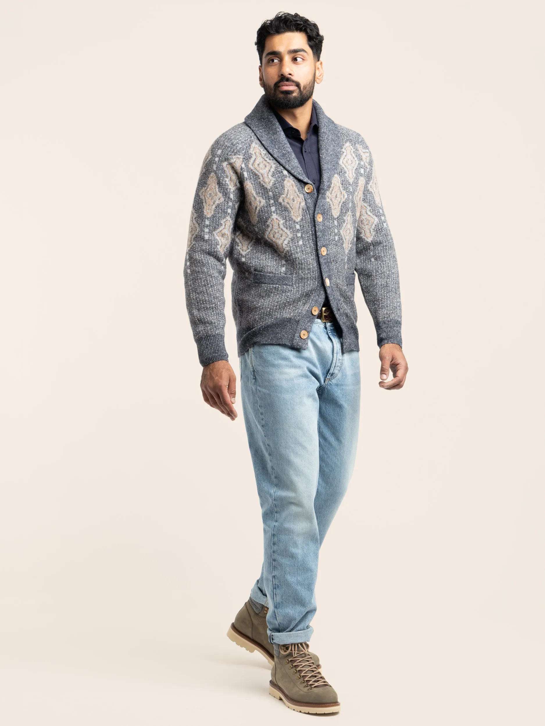 Blue Geometric Jacquard Cardigan