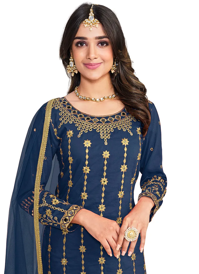 Blue Mirror Work Embroidery Festive Salwar Kameez