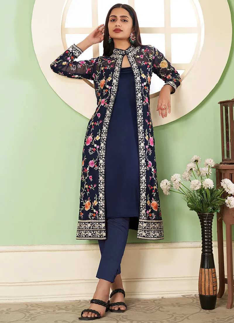 Blue Multi Floral Embroidery Jacket Style Pant Suit