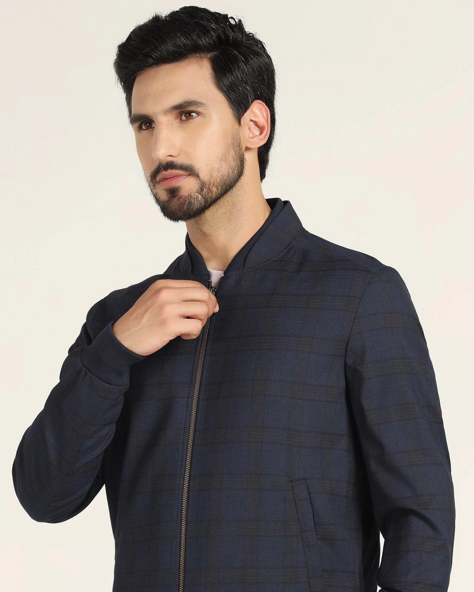 Bomber Navy Check Zipper Jacket - Nadra