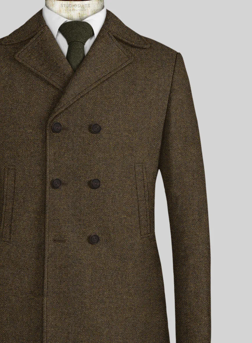 Bottle Brown Herringbone Tweed Pea Coat