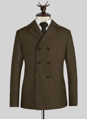 Bottle Brown Herringbone Tweed Pea Coat