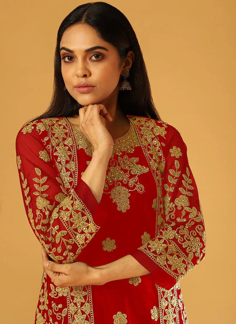 Bridal Red Embroidery Jacket Style Festive Pant Suit