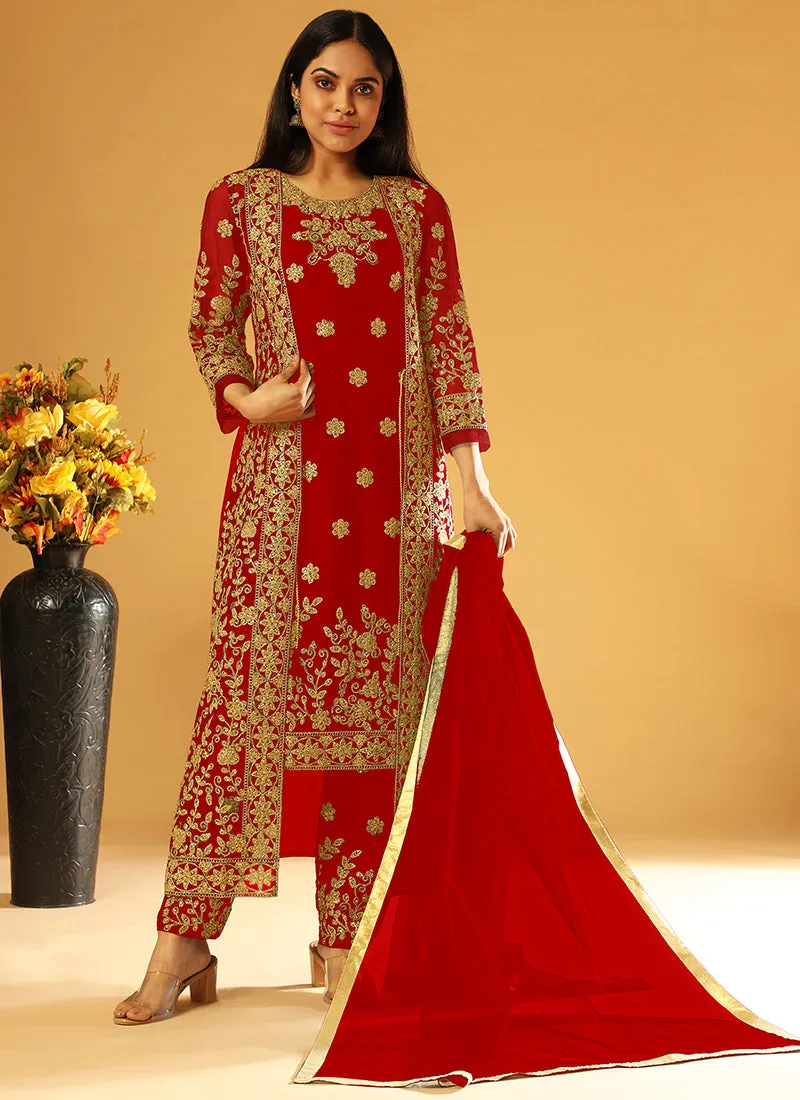 Bridal Red Embroidery Jacket Style Festive Pant Suit