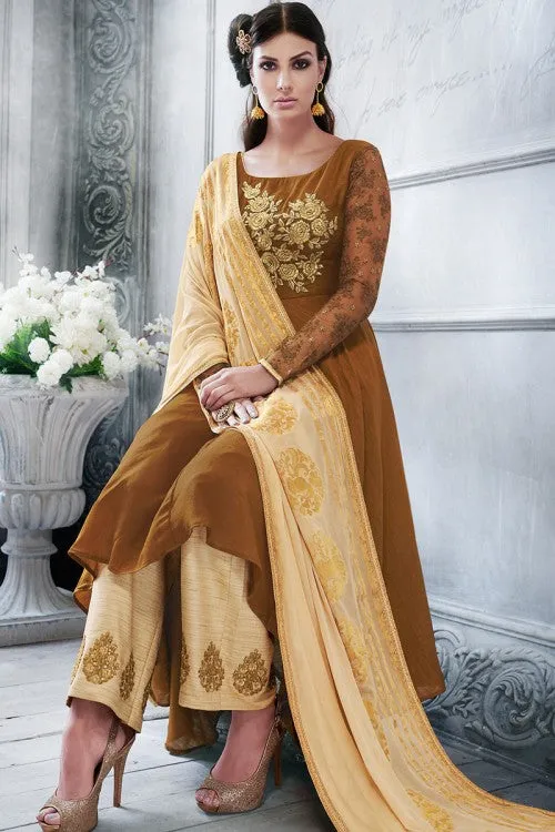 Brown Embroidered Anarkali Pant Suit