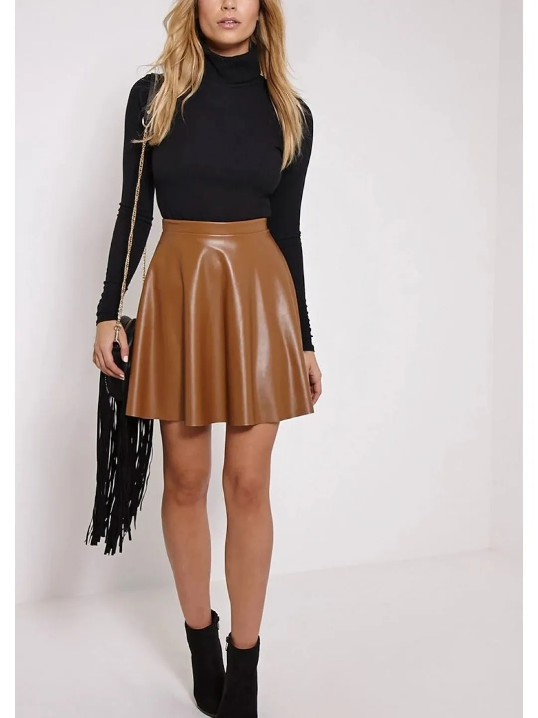 Brown Leather Skater Skirt for Women