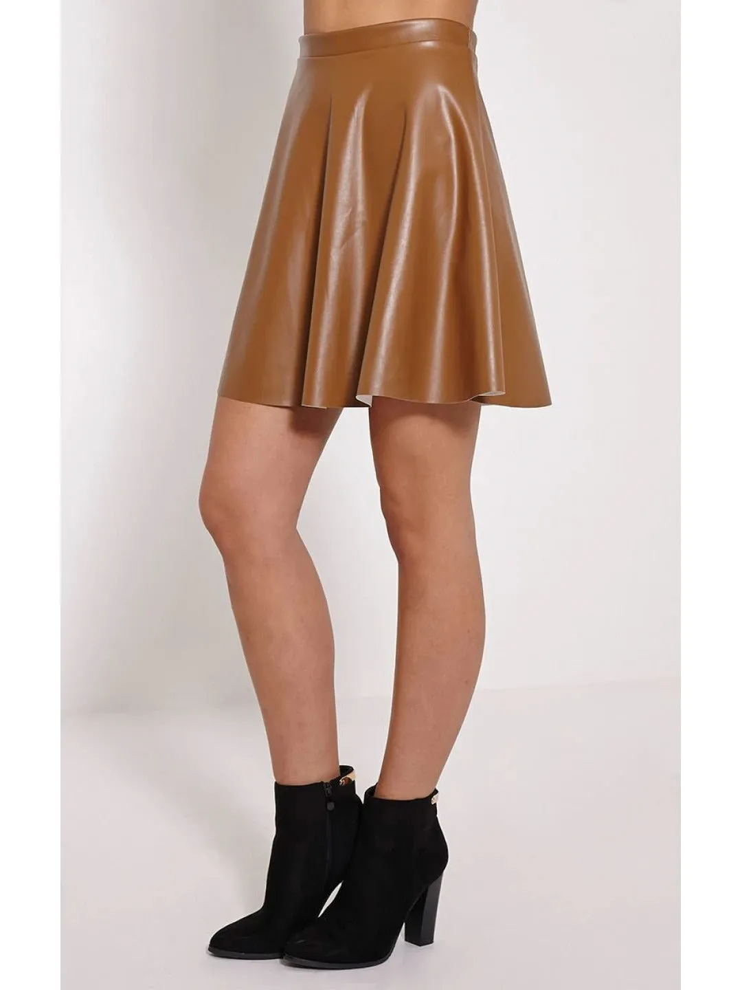 Brown Leather Skater Skirt for Women