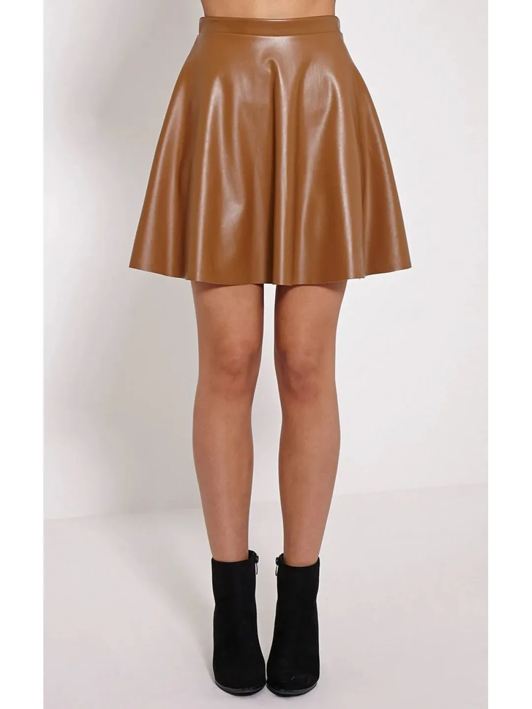 Brown Leather Skater Skirt for Women