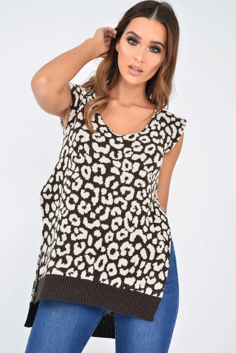 Brown Leopard Knit Sleeveless Jumper - Docie