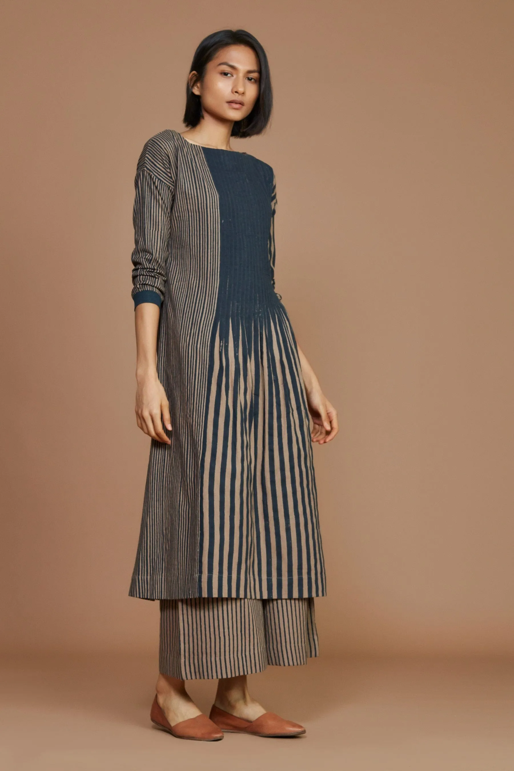 Brown With Charcoal Striped Pleated Co-Ord Set