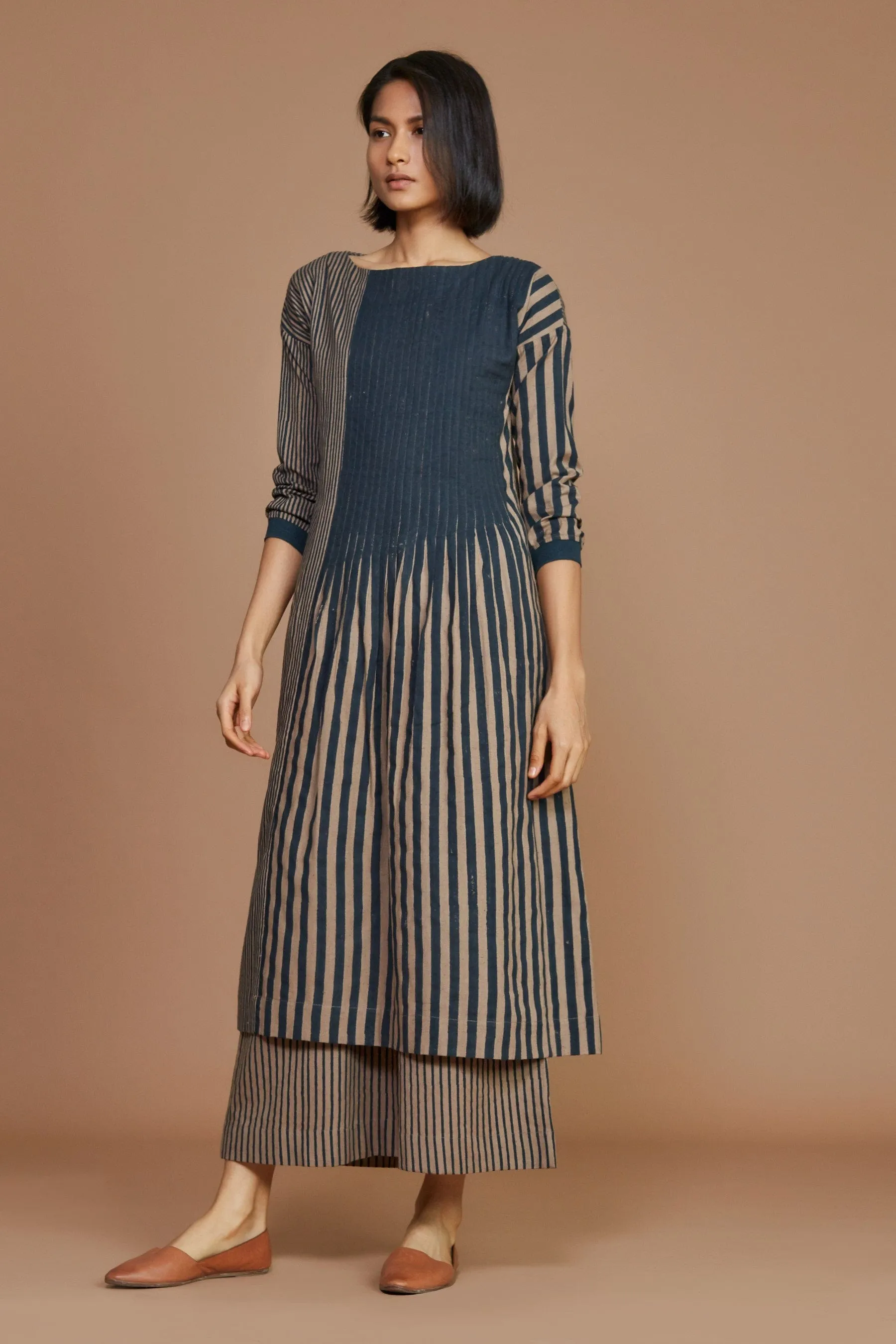 Brown With Charcoal Striped Pleated Co-Ord Set