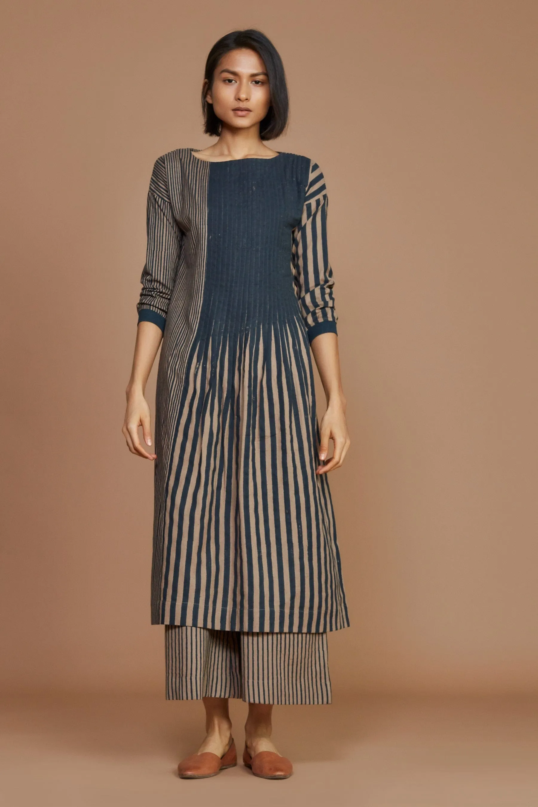 Brown With Charcoal Striped Pleated Co-Ord Set