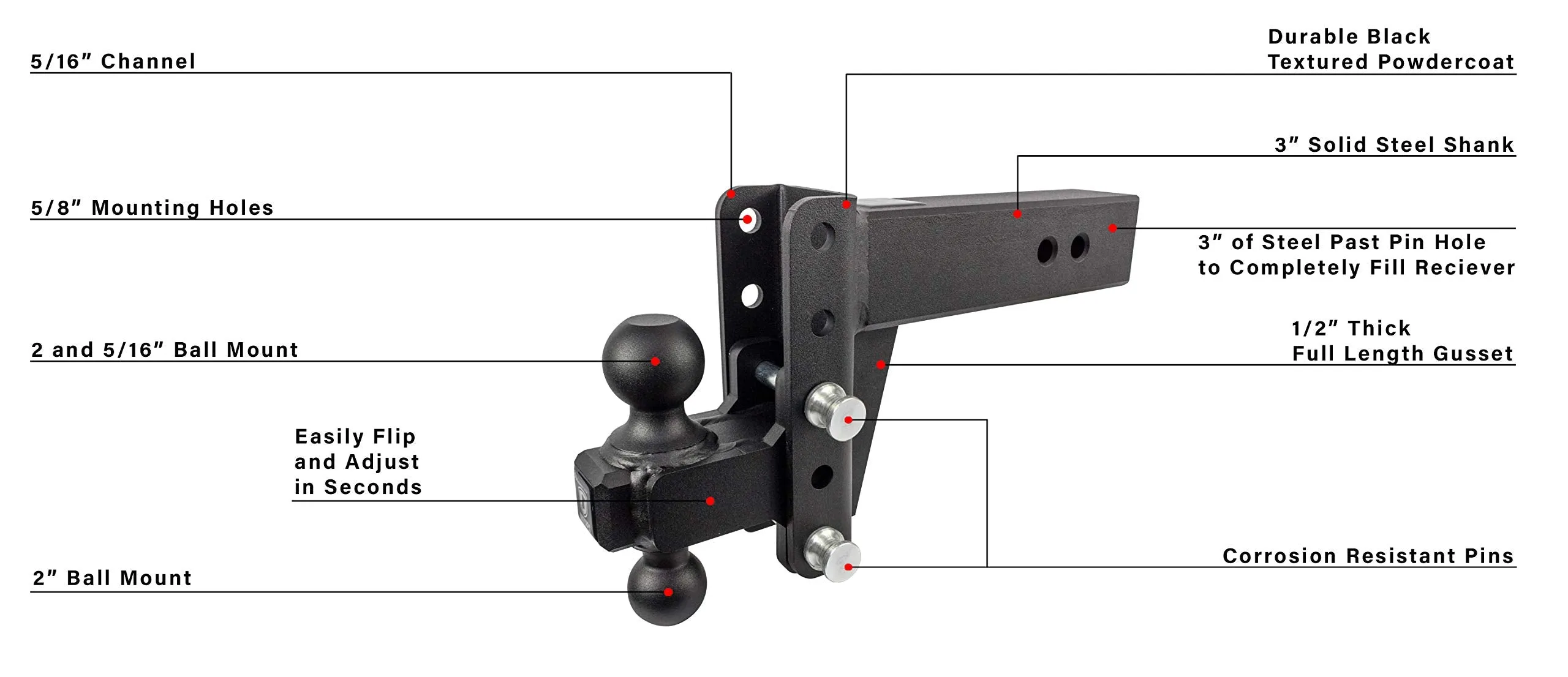 BulletProof Hitches 3.0" Adjustable Extreme Duty (36,000lb Rating) 10" Drop/Rise Trailer Hitch with 2" and 2 5/16" Dual Ball (Black Textured Powder Coat, Solid Steel)