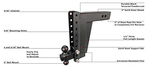 BulletProof Hitches 3.0" Adjustable Extreme Duty (36,000lb Rating) 12" Drop/Rise Trailer Hitch with 2" and 2 5/16" Dual Ball (Black Textured Powder Coat, Solid Steel)