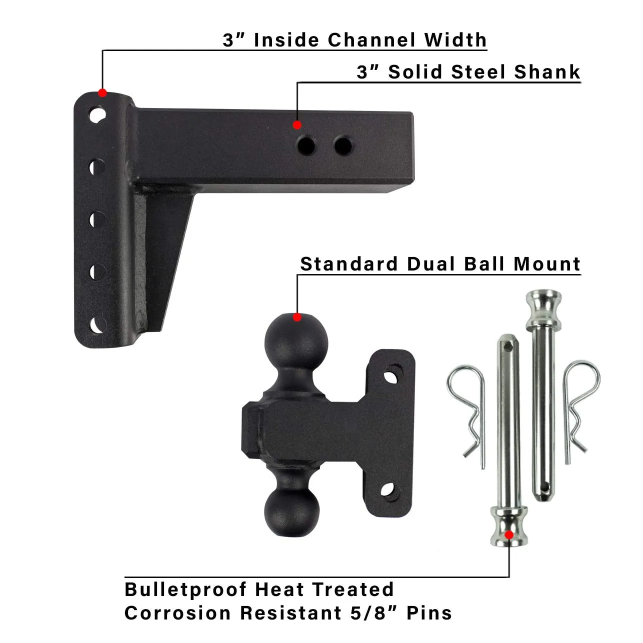 BulletProof Hitches 3.0" Adjustable Extreme Duty (36,000lb Rating) 6" Drop/Rise Trailer Hitch with 2" and 2 5/16" Dual Ball (Black Textured Powder Coat, Solid Steel)