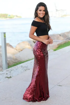 Burgundy Sequined Maxi Skirt