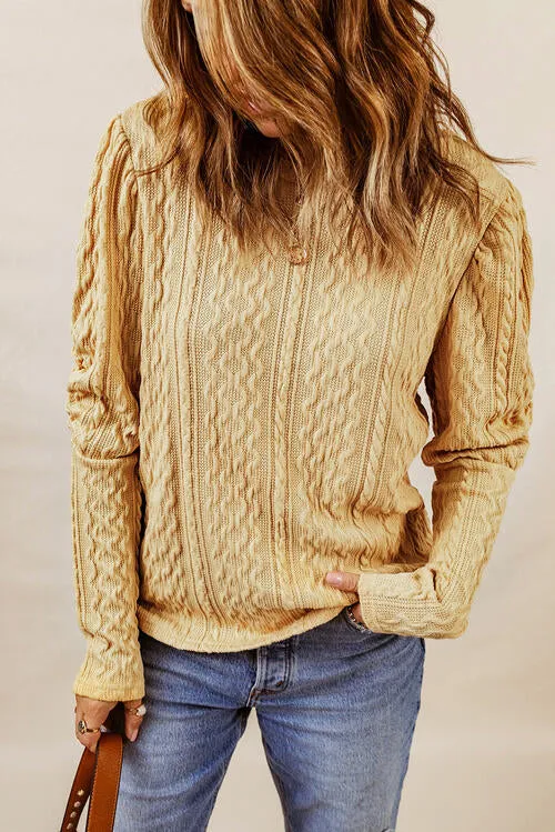 Cable-Knit Round Neck Long Sleeve Blouse