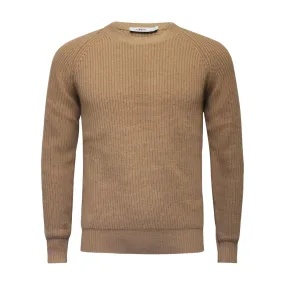 Cashmere Crewneck Sweater in Chunky Rib knit stitch Camel