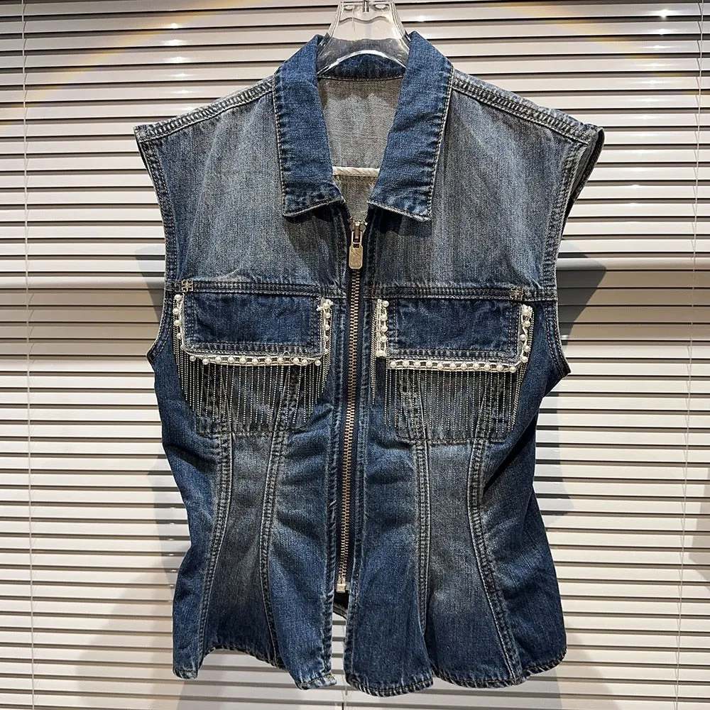 Casual Denim Waistcoats For Women Lapel Sleeveless Patchwork Pocket Spliced Tassel Chic Waistcoat Female Clothing