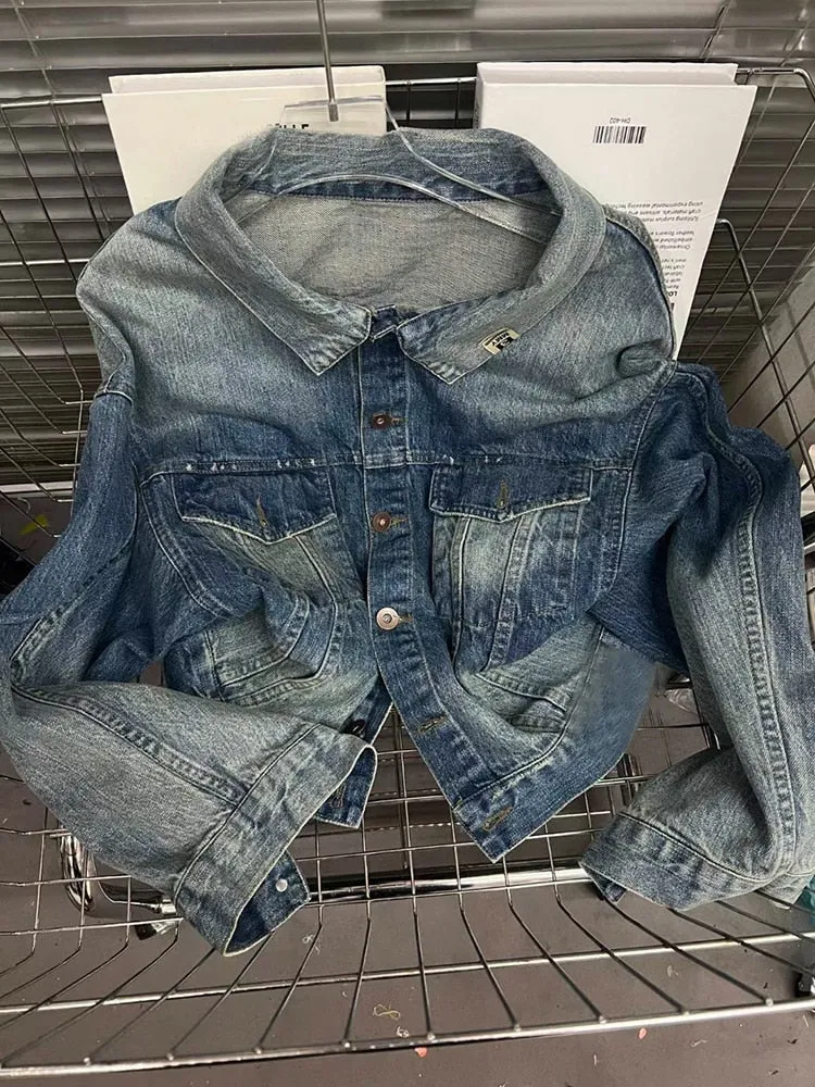 Casual Loose Denim Jackets For Women Lapel Long Sleeve Patchwork Single Breasted Minimalist Jacket Female Fashion