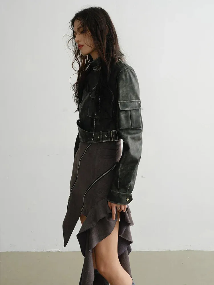 Cateey Vegan Leather Cropped Motorcycle Jacket