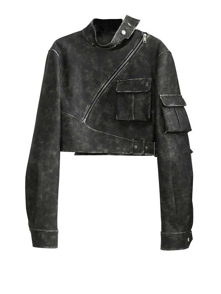 Cateey Vegan Leather Cropped Motorcycle Jacket