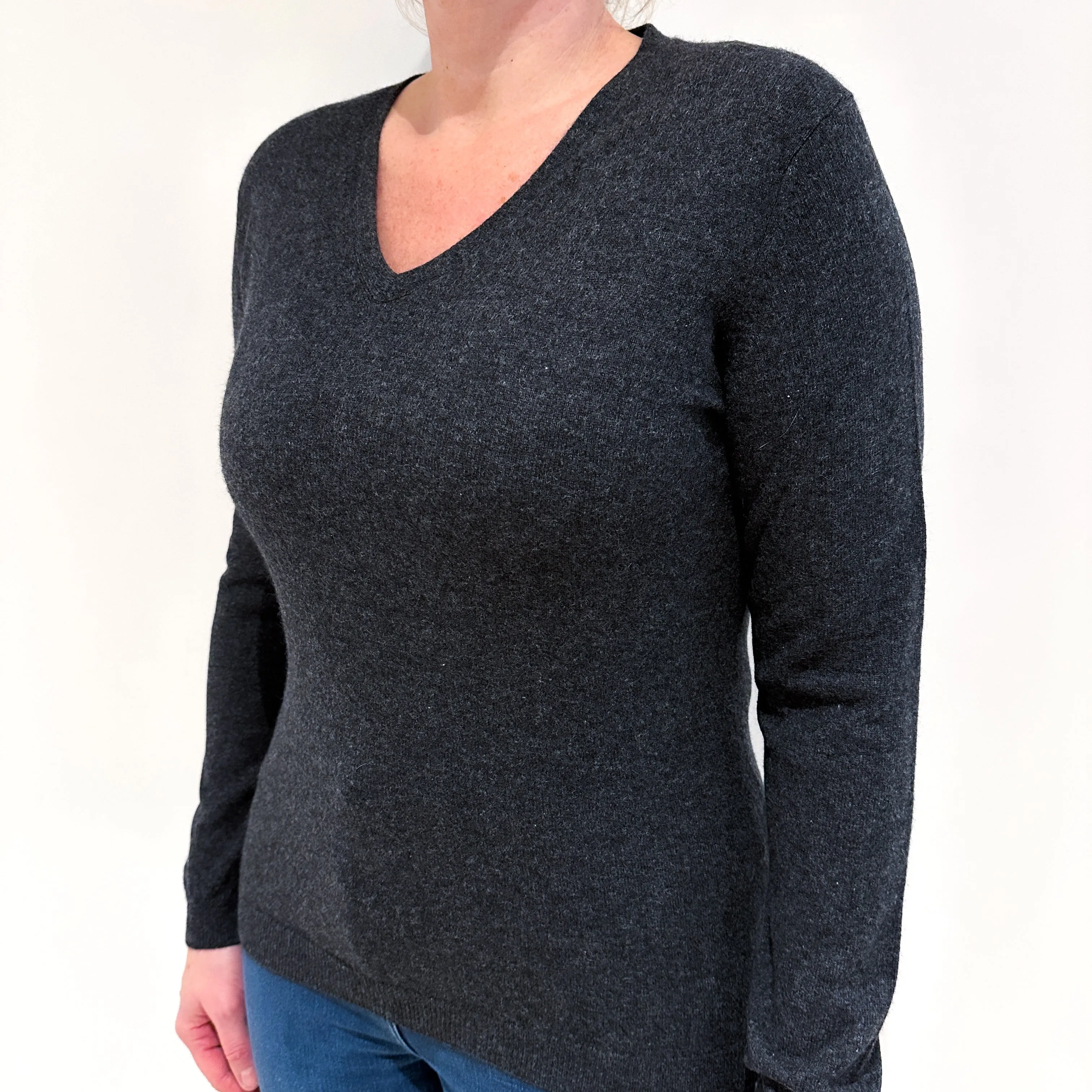 Charcoal Grey Cashmere V Neck Jumper Large