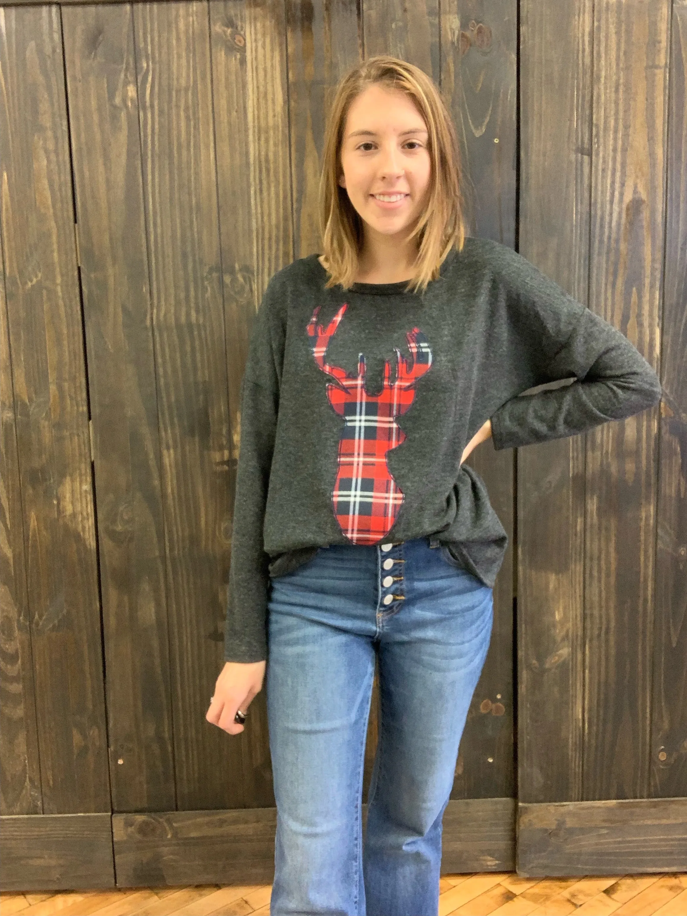 Charcoal/Red Plaid Reindeer Top