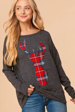 Charcoal/Red Plaid Reindeer Top