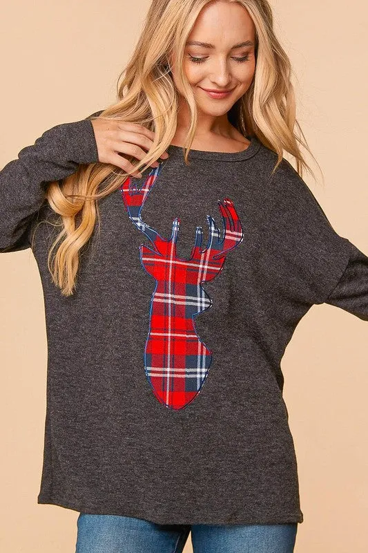 Charcoal/Red Plaid Reindeer Top